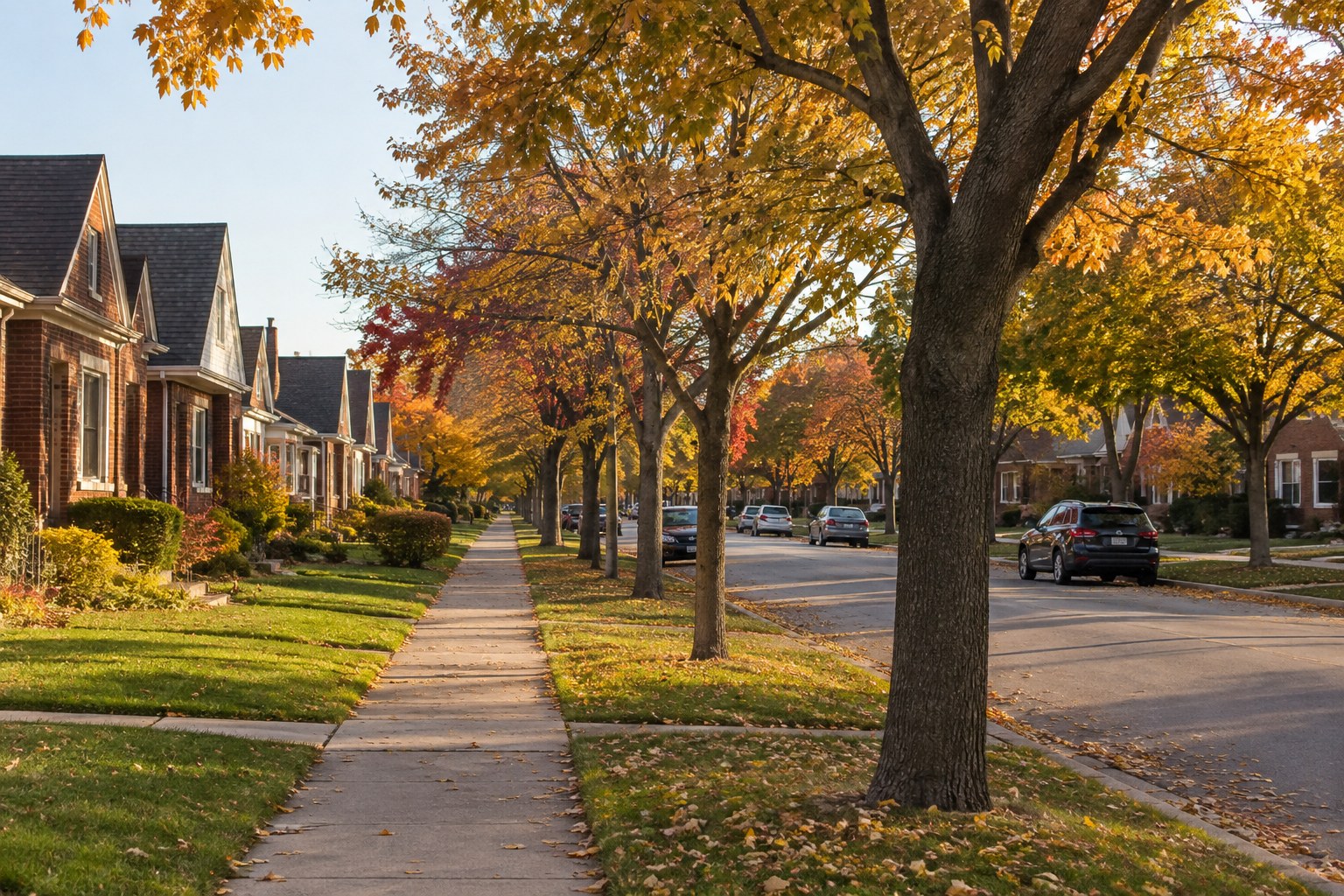 A tree lined south-suburban Chicago residential street, illustrative