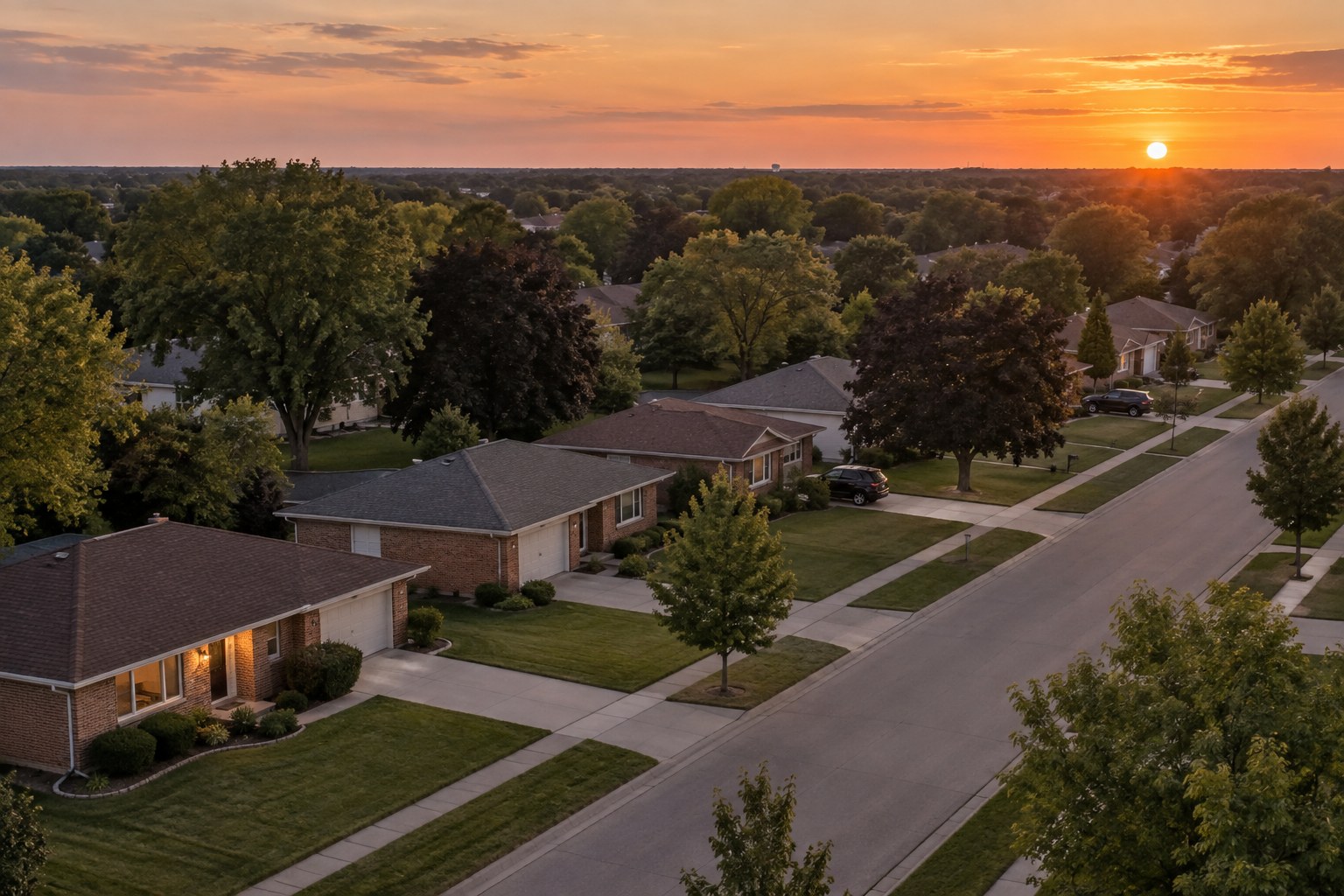 A quiet south-suburban Chicago residential street at sunset, illustrative
