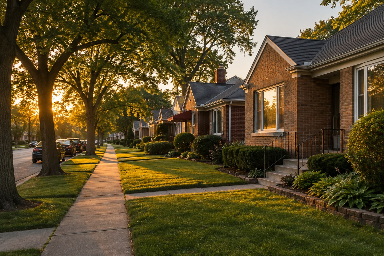 A south-suburban Chicago street at sunset, illustrative