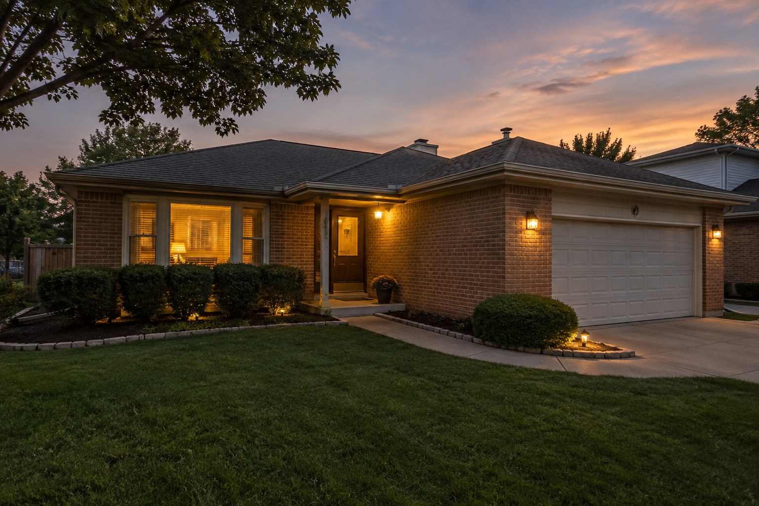 A south-suburban Chicago home exterior at dusk, illustrative