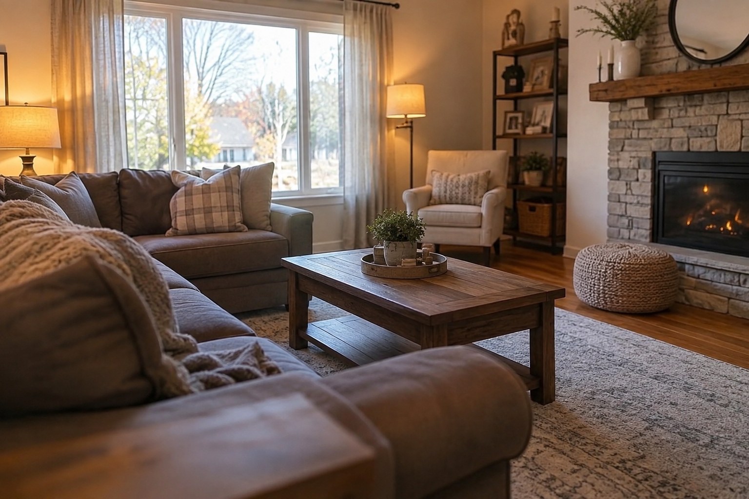 A cozy south-suburban Chicago living room, illustrative